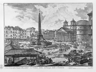 Ansicht der Piazza della Rotonda Pantheon erbaut von Marco Agrippa heute S. Maria ad Martyres Brunnen mit ägyptischem Obelisken Architektur von Filippo Barigioni Pescaria Palazzo Crescenzi von Giovanni Battista Piranesi